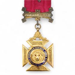 Bro. David Miles - Royal Antediluvian Order of Buffaloes - 9ct gold and enamel Order of Merit and Honour of Knighthood , Templenewsam Lodge, 1938, two silver jewels and two other jewels on a silk collar