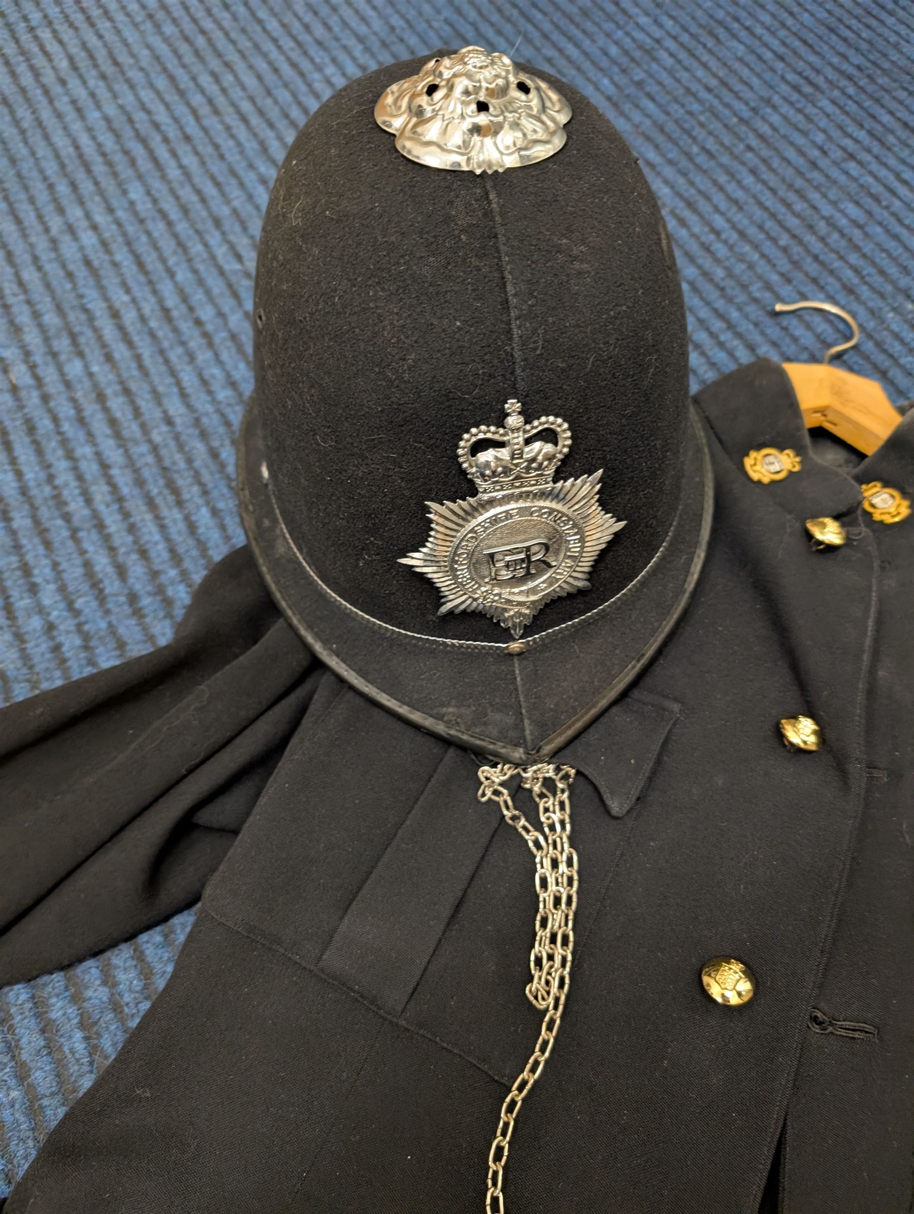 British Police Offices re-enactment uniform, including helmet, handcuffs and jacket