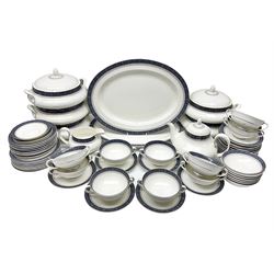 Royal Doulton Sherbrooke pattern part dinner and tea service, to include teapot, ten twin handled soup bowls and saucers, two serving platters, three twin handled covered dishes etc (63)  