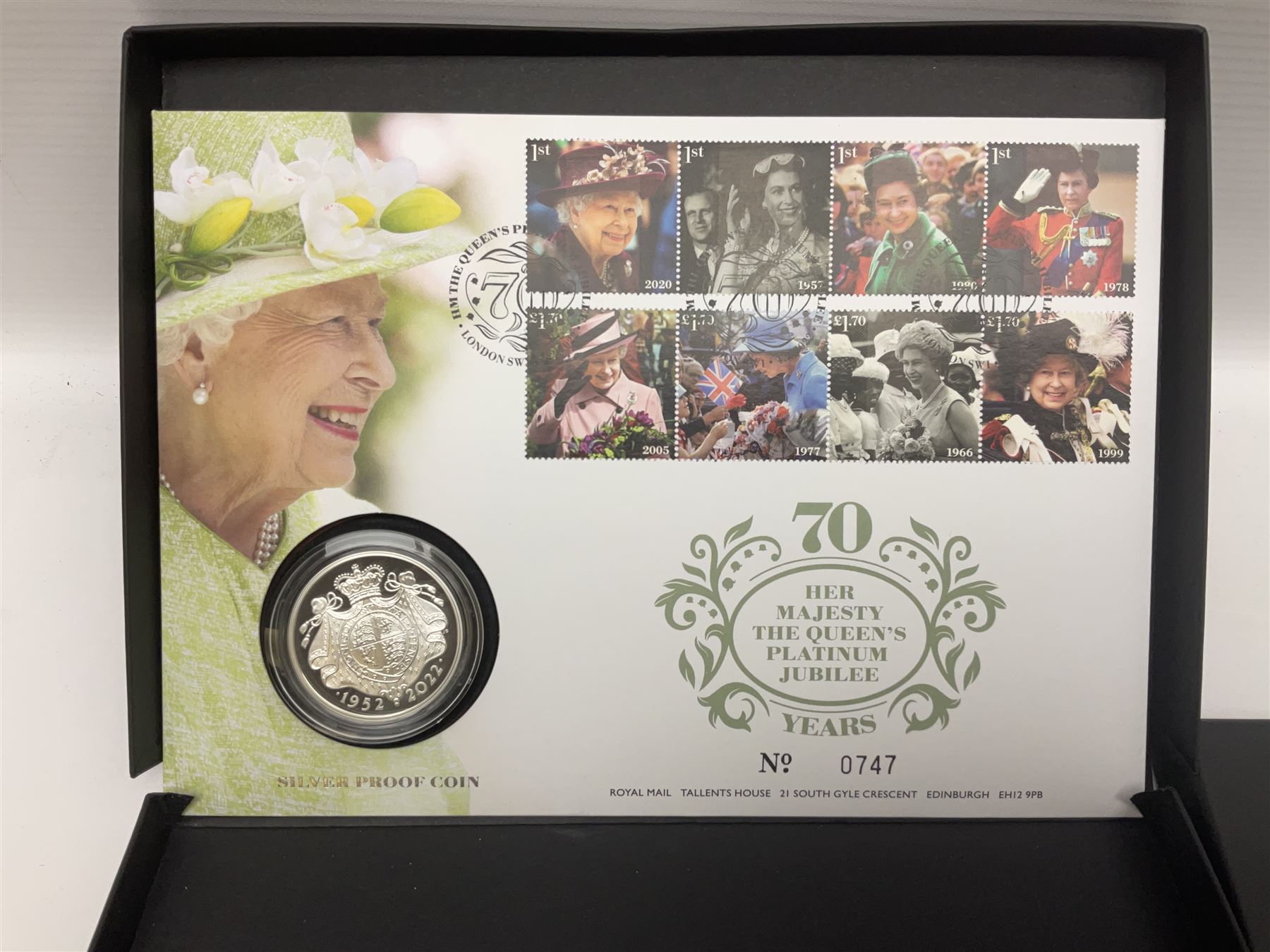 Five The Royal Mint Royal Mail silver proof coin covers, comprising 2021 'HG Wells' with two pounds, 2021 'HM The Queen's 95th Birthday' with five pounds, 2022 'Her Majesty The Queen's Platinum Jubilee 70 Years' with five pounds, 2022 'Her Majesty The Queen's Platinum Jubilee 70 Years' with fifty pence and 2022 '150 Years of The FA Cup' with two pounds, all in Royal Mail card boxes