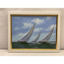 George Drury (British 1950-): J Class Yachts 'Velsheda' 'Endeavour' and 'Shamrock V 1935', oil on canvas board signed, titled verso 42cm x 57cm