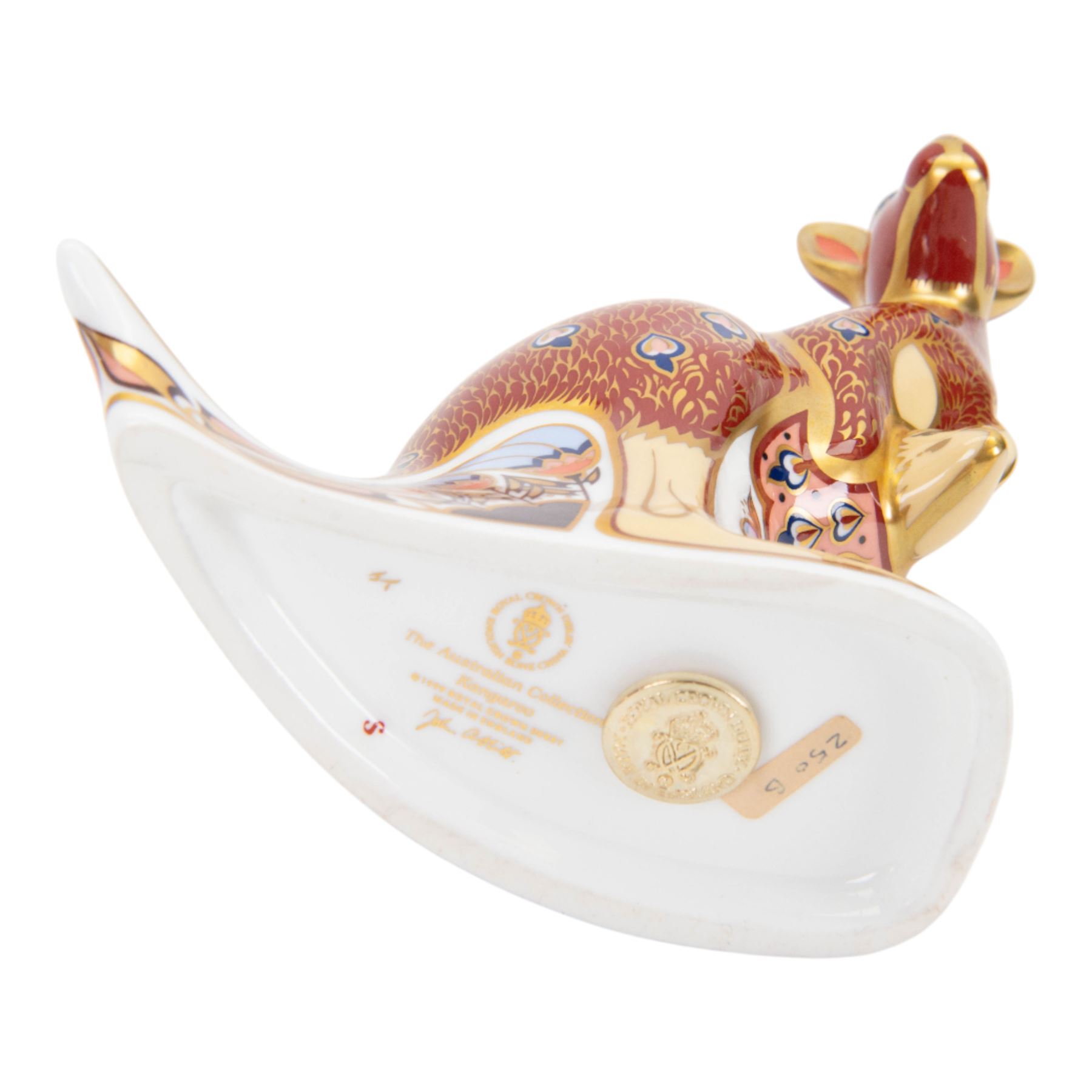 Set of three Royal Crown Derby paperweights, The Australian Collection, Kangaroo and Joey, Duck-billed Platypus, and Koala and Baby, part of a gold signature edition with limited availability until the end of 2000, each with gold stoppers, Kangaroo and Joey H15cm