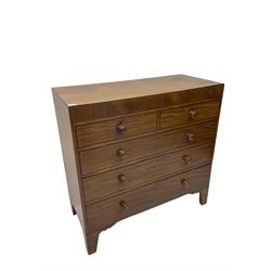 19th century straight-front chest, rectangular top with ebony strung edge, crossbanded frieze over two short and three long graduating drawers with ebony stringing, raised on bracket feet