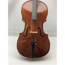 Two student half-size cellos - Boosey & Hawkes Artia with 65cm one-piece back and spruce top; bears maker's label; L104cm overall; and Romanian with 65.5cm two-piece maple back and ribs and spruce top; bears label; L108.5cm overall; each in soft carrying case with two bows (2)