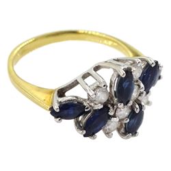 18ct gold marquise shaped sapphire and round brilliant cut diamond cluster ring