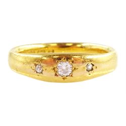 Victorian 22ct gold gypsy set three stone old cut diamond ring, Birmingham 1890