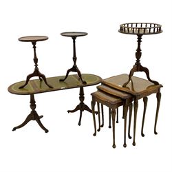 Walnut nest of tables, three wine tables, and an oval leather topped coffee table (5)