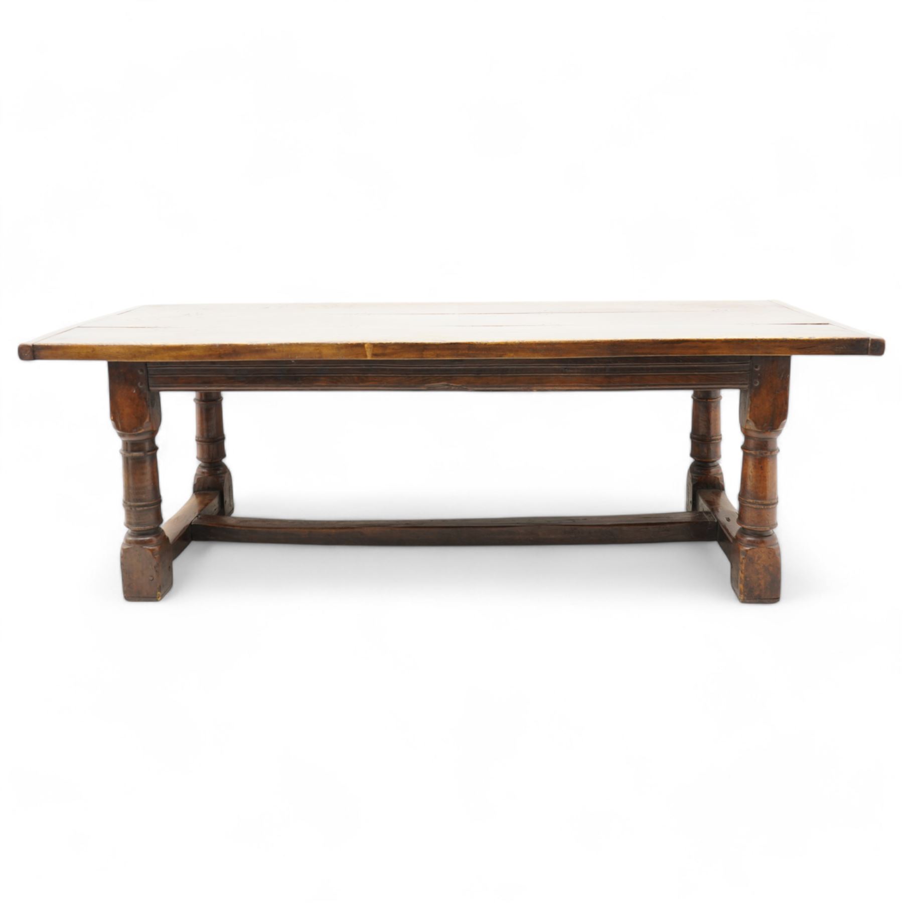 Jacobean design elm and oak refectory dining table, rectangular three plank top with cleated ends, moulded frieze rails on turned supports united by moulded stretcher rail