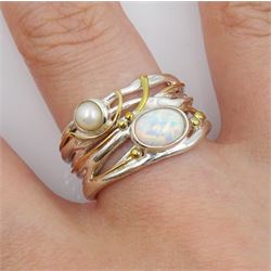 Silver and 14ct gold wire opal and pearl ring, stamped 925 