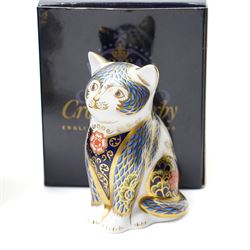 Six Royal Crown Derby paperweights, comprising 'Misty' collectors cat with gold stopper, Sleeping Cat with silver stopper, Fireside Kitten with gold stopper, Thomas Silver Tabby Kitten with gold stopper, Tabitha Silver Tabby Kitten with gold stopper, Cottage Cat with gold stopper, four with boxes (6)