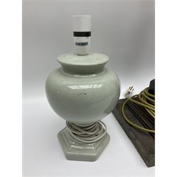 19th century oak barley twist table lamp, together with three other table lamps, including off white painted foliate example, tallest H86cm