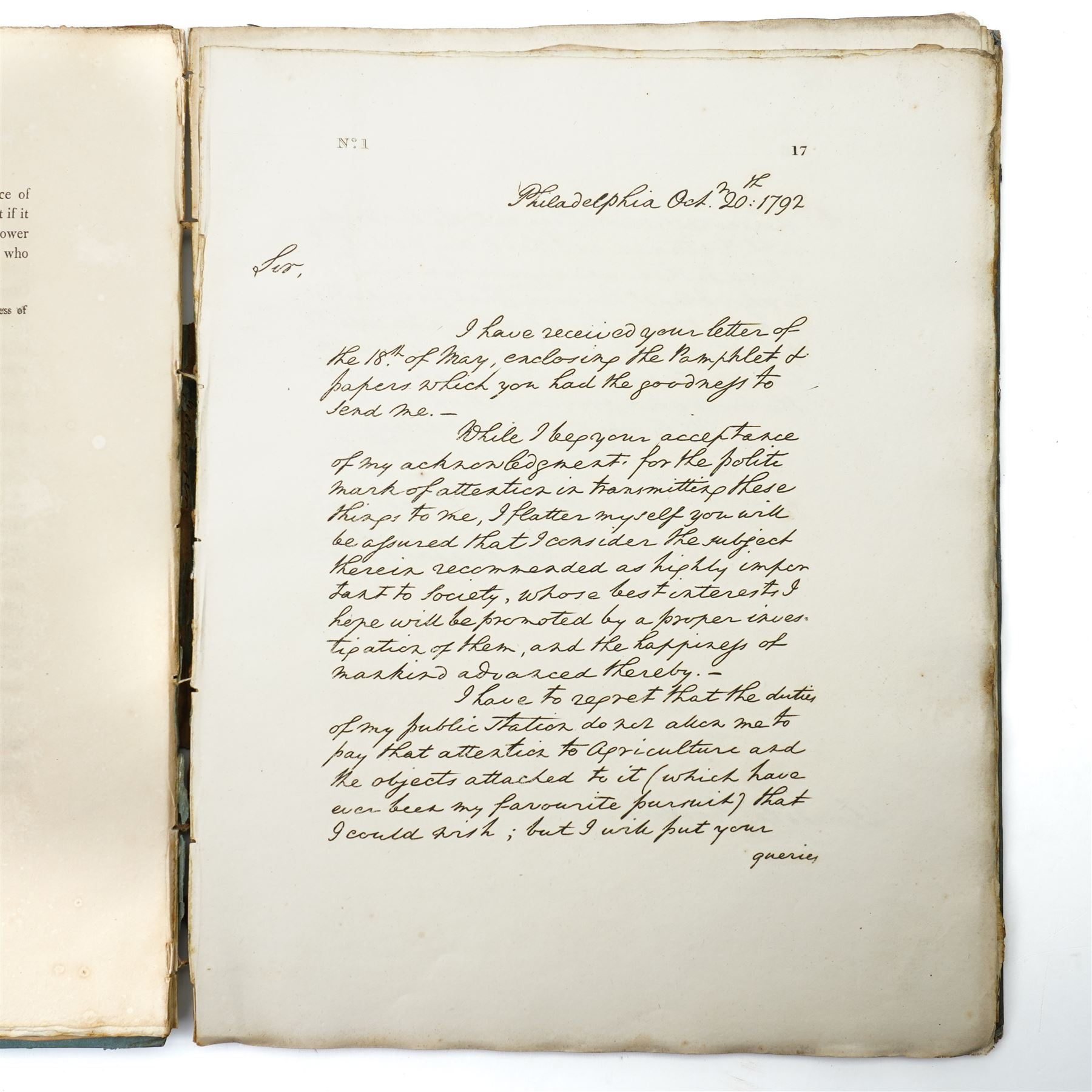 ‘Washington’s Letters’ – A volume containing facsimiles of President George Washington’s letters to Sir John Sinclair Bart M.P. published in London 1800, original boards and with the book plate of Sir William Strickland 6th Baronet of Boynton. Sir William Strickland d1834 was a keen naturalist with an interest in agriculture.
In 1795 he travelled to America where he met Thomas Jefferson, the 3rd President.(d 1826)
He published a survey on American agricultural methods, land prices and wages etc ‘Journal of a Tour of the United States of America 1794-1795’.
He evidently had an interest in coins and may have been in Philadelphia when America's first coinage was struck as he brought early examples home with him.
In 1819 his daughter Priscilla married Charles Winn d1874  the owner of the Nostell Priory estate.
Their descendent Roland Winn, 4th Baron St Oswald d 1984 sold 30 of the American coins at Christie’s in 1964 and in 2015 a flowing hair dollar was sold as part of the D Brent Pogue collection for almost five million dollars
