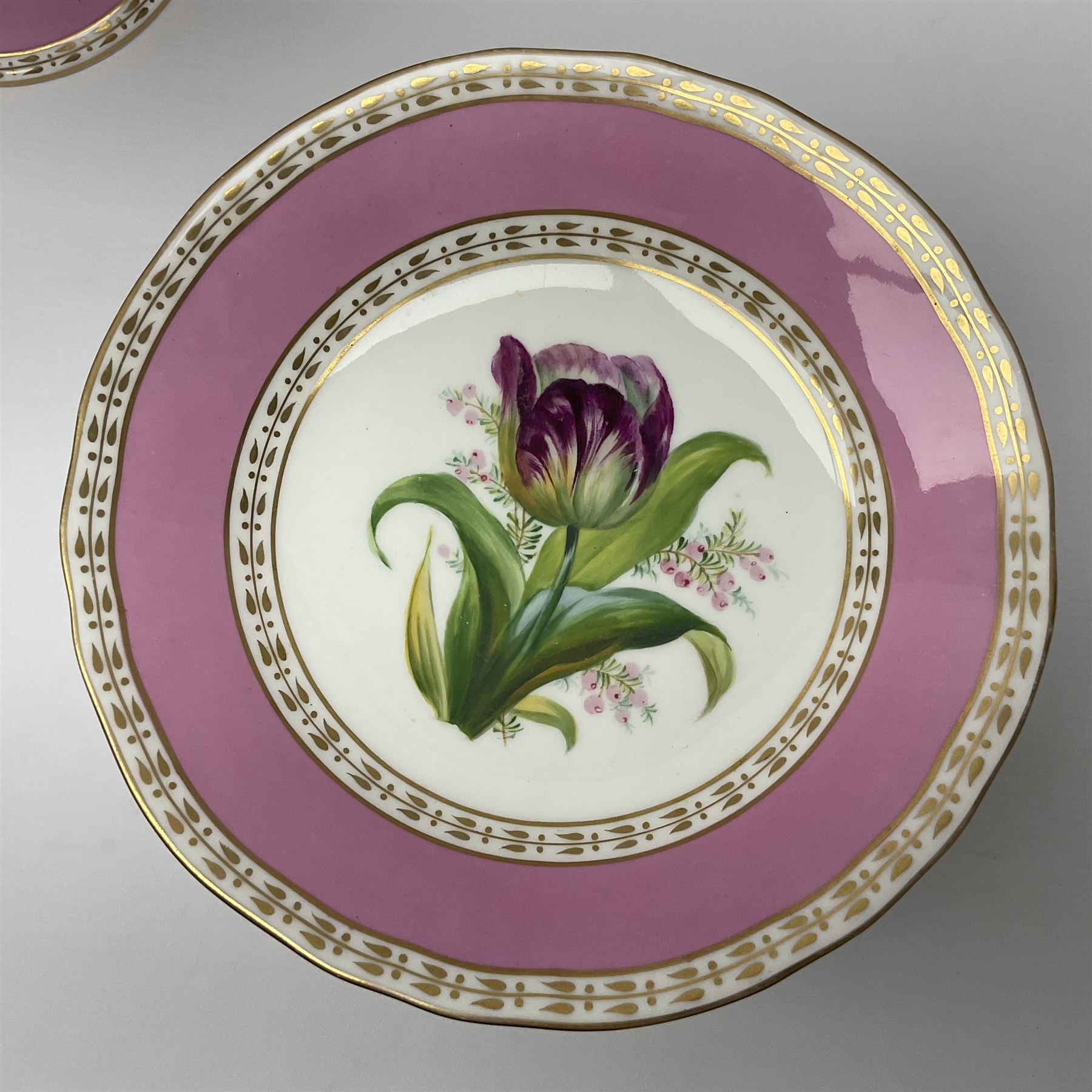 Victorian Copeland, Botanical dessert service, decorated with floral sprigs to the centre with a pink and gilt border, comprising five comports and seven plates, largest comport H20cm, plate D22cm