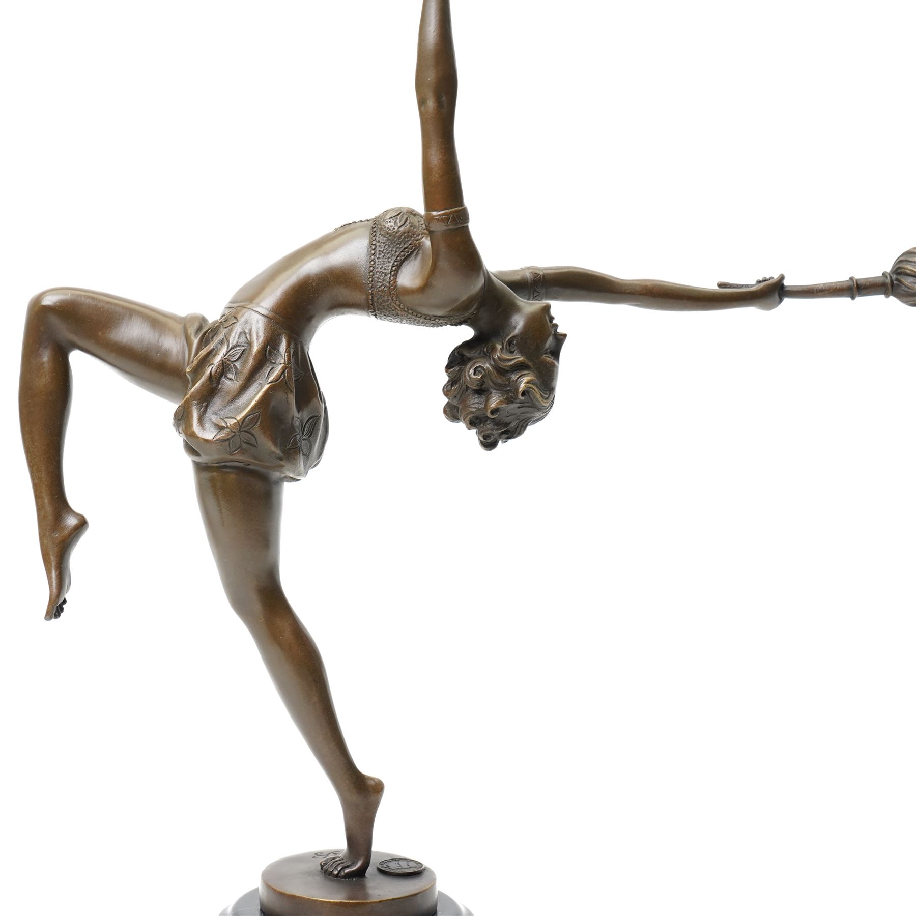 Art Deco style bronze figure of a female dancing with flame torches, raised upon marble socle base, signed F. Paris, H43cm