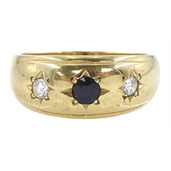 9ct gold three stone gypsy set blue and white cubic zirconia ring, hallmarked
