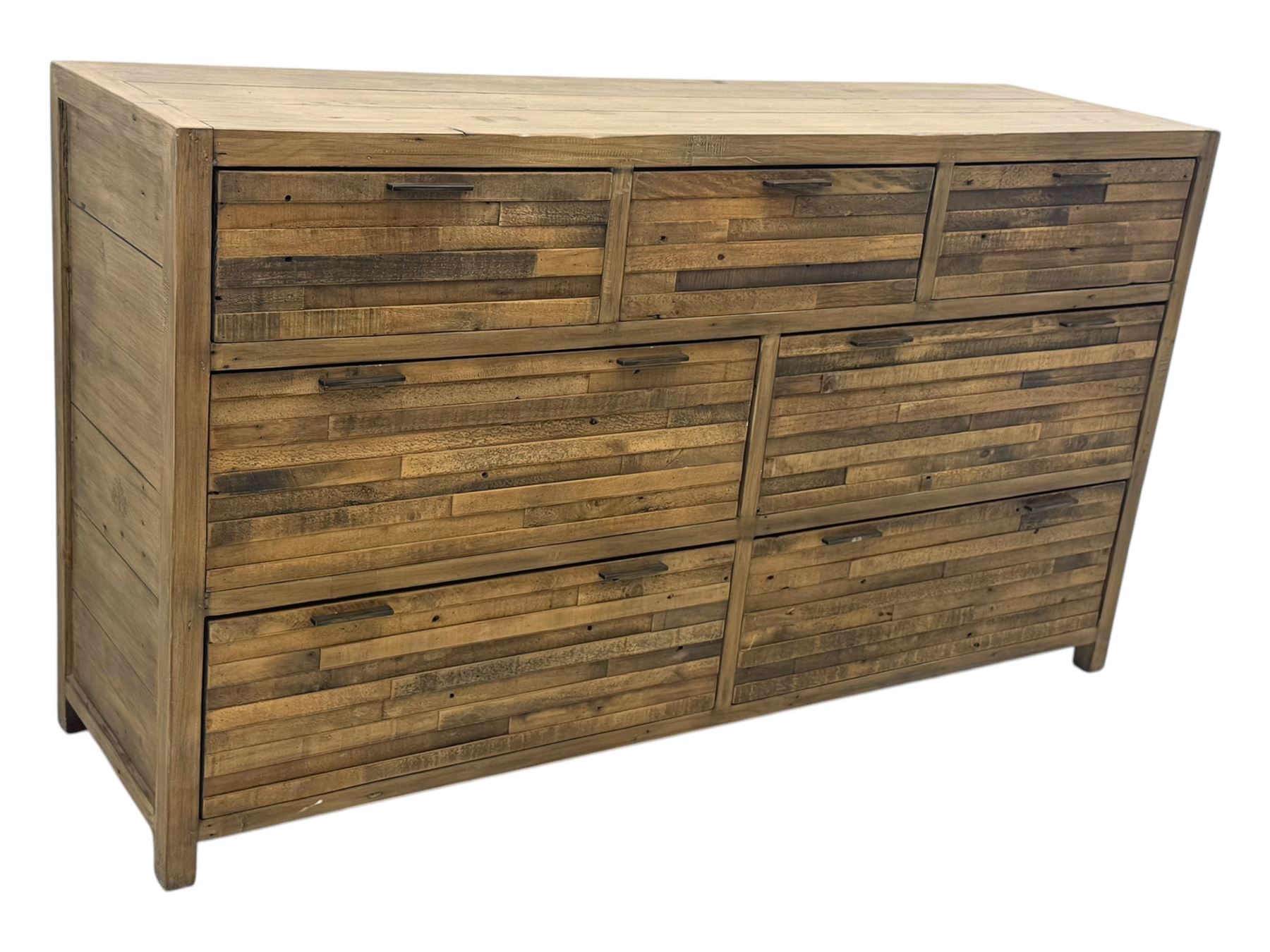 Barker & Stonehouse - contemporary 'Charlie' reclaimed wood chest, rectangular plank top over three short and four long drawers, raised on square supports