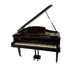 A mid 20th century English baby grand piano by Osbert, with an iron frame and overstrung stringing in a mahogany case,  conforming Lyre with sustain and una corda pedals and music desk, with original stringing, hammer action, dampers and felts, 7-1/4 octaves with 88 original ebony and ivory covered keys, with stool
