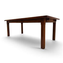 French cherry wood extending dining table, rectangular top on square chamfered supports with two additional leaves; with Batheaston - set of eight cherry wood waived ladder back dining chairs with rush seats (W46cm H98cm)