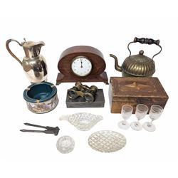 Silver plated hot water pot, pair of opera glasses, inlaid mantel clock and an inlaid wooden box, together with other collectables