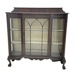 Early 20th century mahogany display cabinet, central door enclosed by curved glass sides