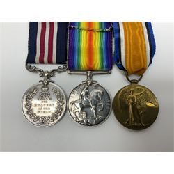 WW1 Military Medal group of three comprising MM, British War Medal and Victory Medal awarded to 44772 Pte. T. Clamp 5/York: & Lanc: R.; all with ribbons on hanging bar