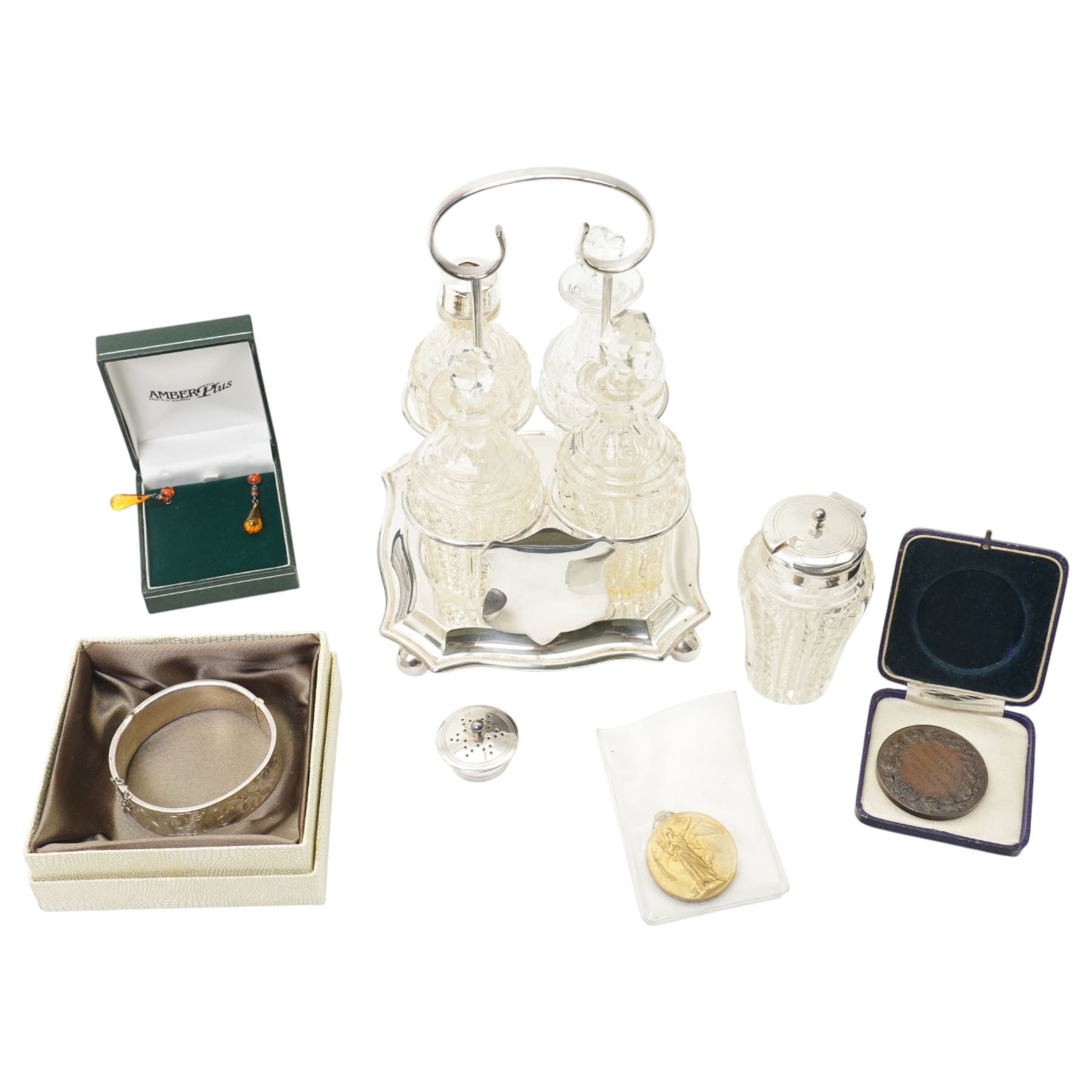 Amber and silver earrings; silver bangle; Barbara Cattle silver plated cruet set, RHS bronze medal, Great War for civilisation medal 