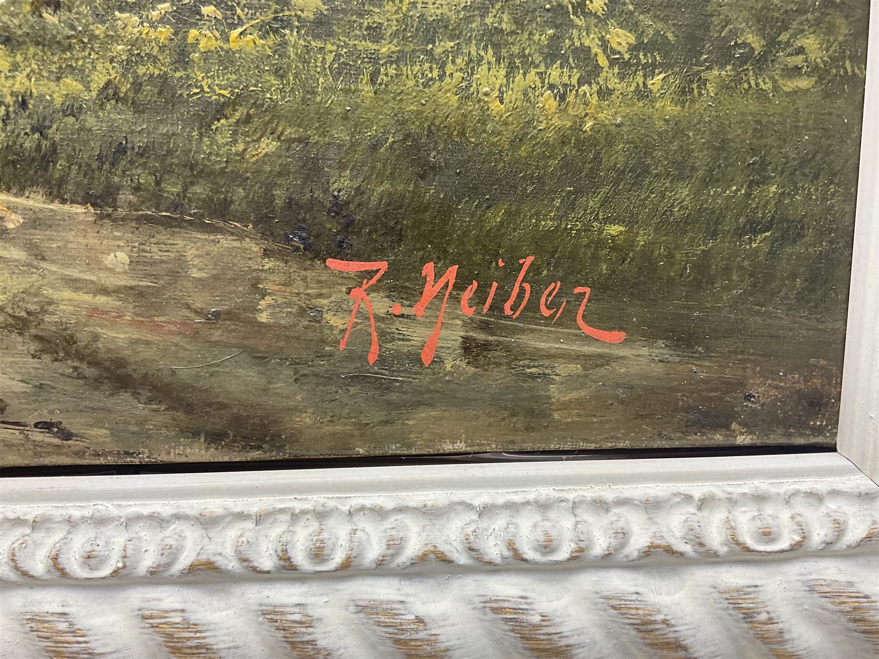 Adolf Kaufmann (AKA R Neiber) (Austrian 1848-1916): Austrian Lake Scene, oil on canvas signed with pseudonym R Neiber 49cm x 70cm