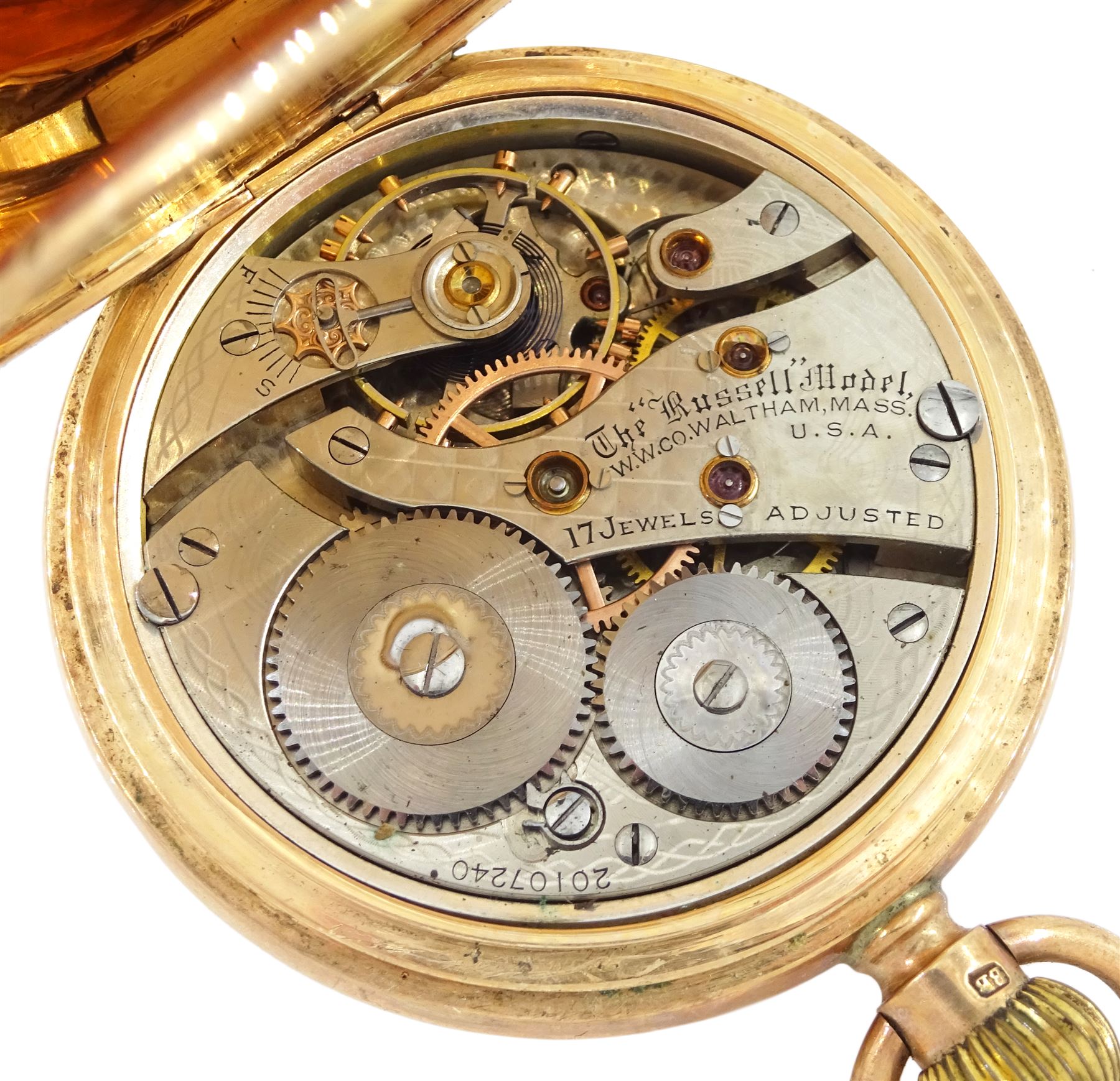 Early 20th century 9ct gold full hunter keyless lever pocket watch by American Watch Company, Waltham, No. 20107240, white enamel dial with Arabic numerals and subsidiary seconds dial, makers mark T R & S, Chester 1922
