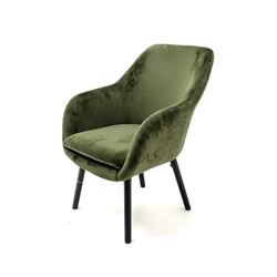 Olive green upholstered tub chair, turned tapering supports