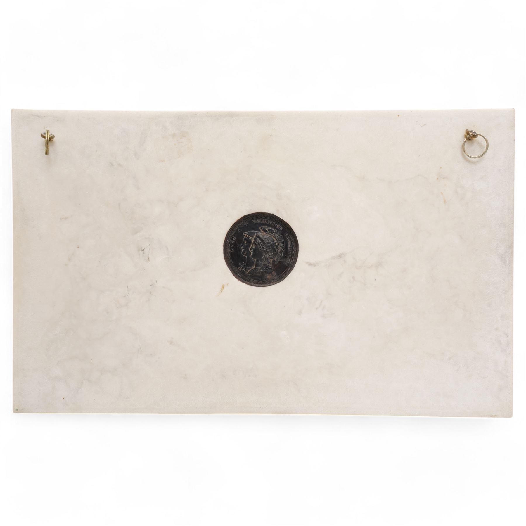 Composite plaque, depicting Sprites in a garden, with inset 'Arts and Commerce Promoted' medallion to reverse, 20cm x 33cm; together with a moulded glass Claret jug with silver plated mount H30cm 