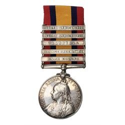 Queens South Africa Medal with five clasps for South Africa 1902/1901, Transvaal, Orange Free State and Cape Colony awarded to 4640 Pte. A. Farmer 1st Dgn. Gds. with ribbon and manuscript biographical details