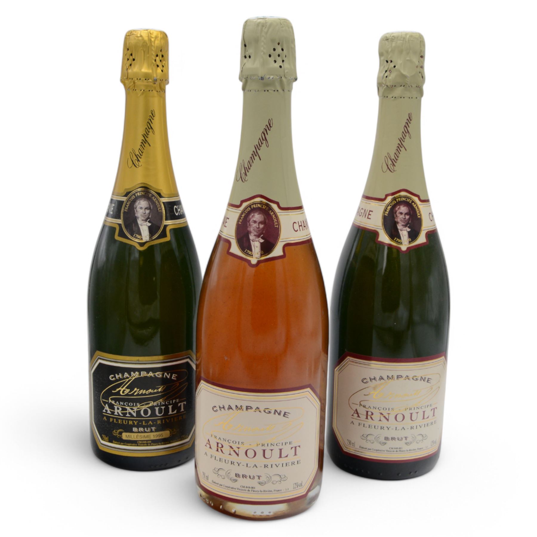 Francois Principe Arnoult gift set, comprising Cuvee Reserve 1995 Millesime, Cuvee Rose and Cuvee Brut Traditional, all 750ml 12% vol 