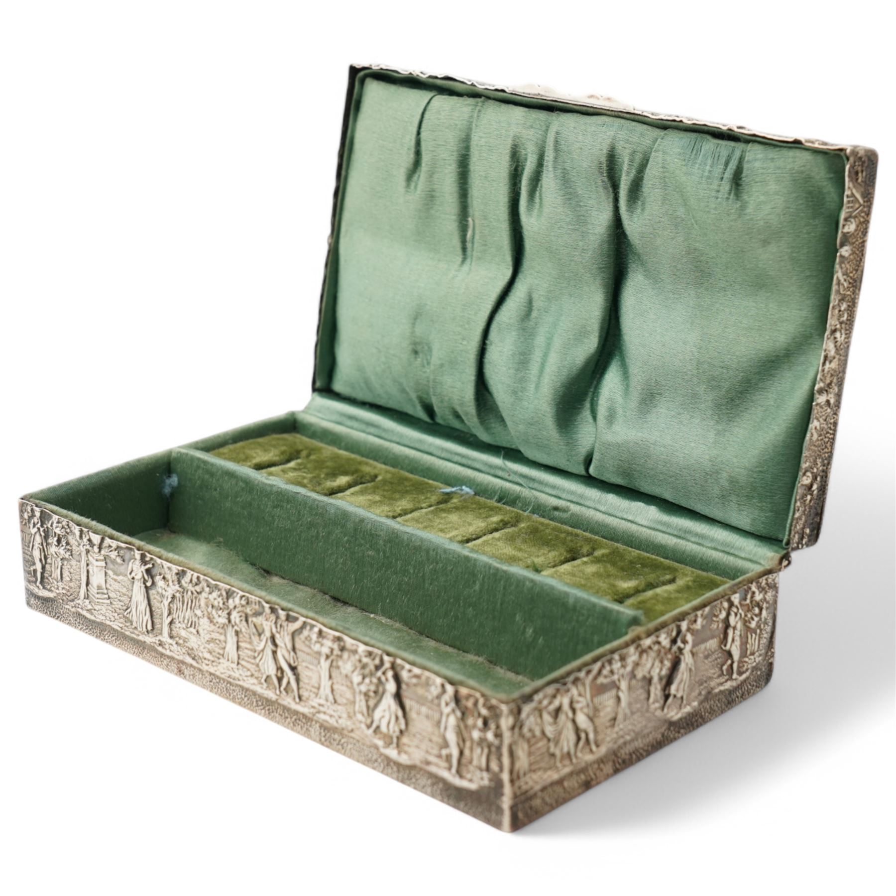 Late Victorian silver rectangular ring box embossed with classical figures, musicians, scrolls etc, and with plush lined divided interior L14.5cm Birmingham 1900 Maker Levi & Salaman