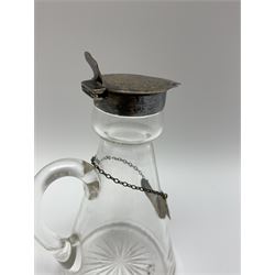 Edwardian silver mounted whisky noggin, of tapering cylindrical form with hinged flat cover, H12cm, together with a silver whisky label, each hallmarked H B Johnson & Co, London, whisky noggin dated 1906, label 1910