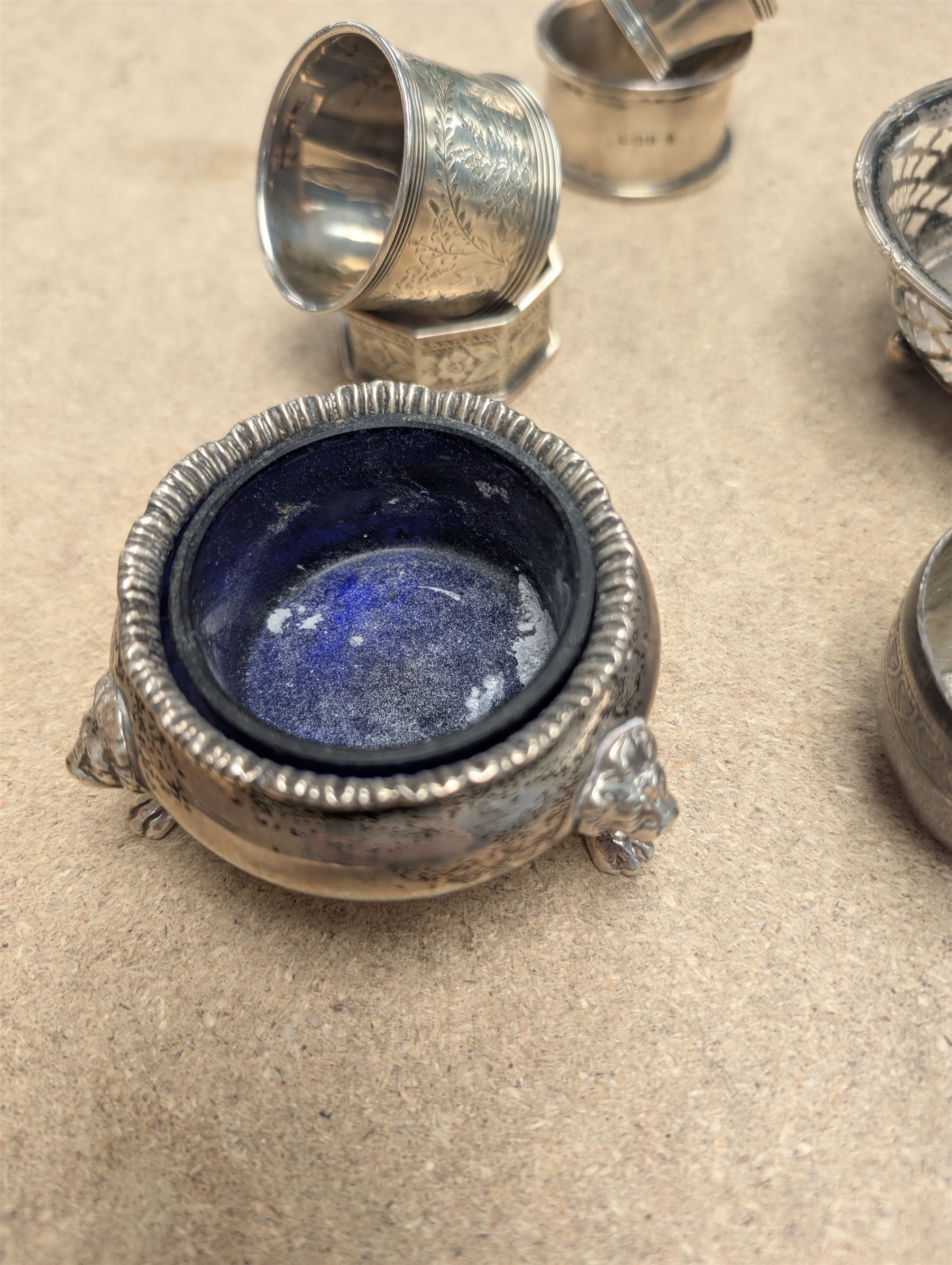 Group of silver, comprising napkin rings, open salts, egg cups, etc all hallmarked 