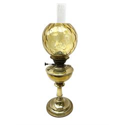 Brass spirit kettle with stand, together with brass oil lamp with a light amber coloured moulded glass shade H62cm, nine horse brasses etc.  