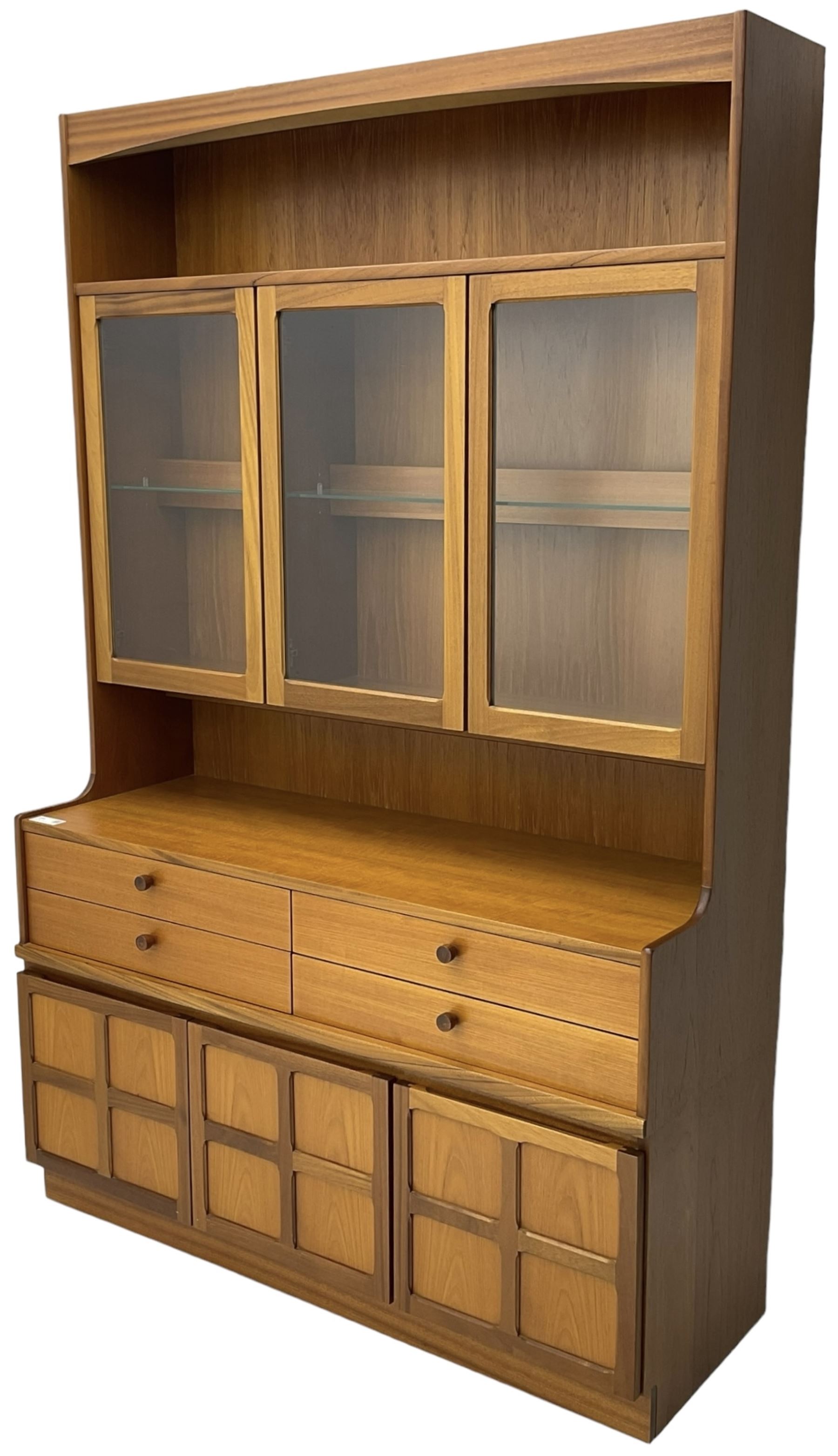 Nathan - teak wall display cabinet, enclosed by three glazed doors, fitted with four drawers and three cupboards 