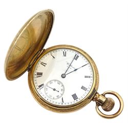 Gold plated Waltham Traveler full hunter keyless lever pocket watch, No. 17654125, white enamel dial with Roman numerals, boxed