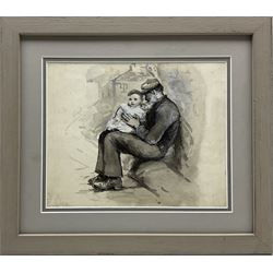 Robert Jobling (Staithes Group 1841-1923): Fisherman with Child, monochrome wash heightened in white signed in watercolour, also with later pencil signature 22cm x 27cm