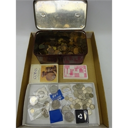  Collection of British coins including pre decimal sixpence's, halfcrowns etc, commemorative crowns, mixed pre decimal coins including Queen Victoria pennies etc, in one box  