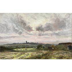 John Falconar Slater (British 1857-1937): Haytime looking towards Earsdon Church Northumberland, oil on canvas signed 29cm x 44cm