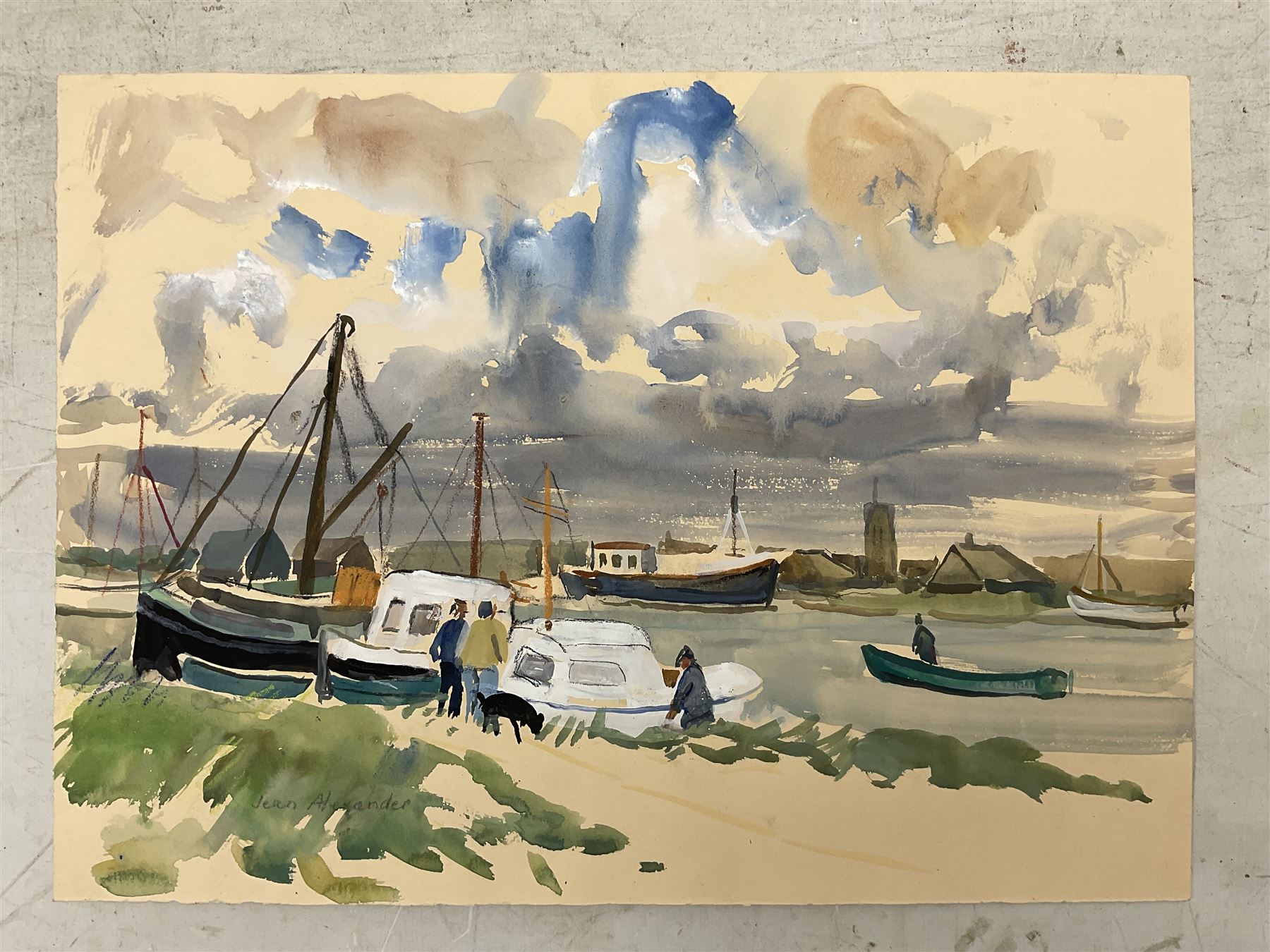 Jean Alexander (British 1911-1994): Views in Suffolk, comprising: 'Morning on the Shore - Aldeburgh July 1984', 'Sunshine on the Backwater - Aug '85 with Stephanie', 'Stormy Weather - High Sea near East Terrace Aug 1988', 'Walberswick - July 1990', 'Squally Weather near Bungay (outside Joan's house Broom Tuns) Jan 1990', 'Polzeath N. Cornwall - August 1989', and another untitled, watercolours, each signed, variously titled and dated verso, the titled 27.5cm x 37.5cm (unframed), the other 25cm x 27cm (mounted) (7)