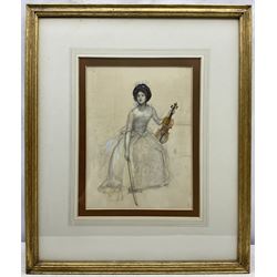Joseph Walter West (British 1860-1933): Lady with Violin, watercolour and pencil signed with monogram 29cm x 22cm
