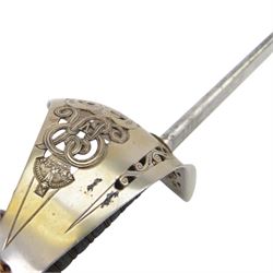 George V British infantry officers sword, made by Rob Mole & Sons Birmingham, the 82cm etched blade with makers mark 'Robert Mole & Sons Makers to the The War & India Offices', with brass inset proof mark, numbered M6855 on spine, the full guard with pierced scrolling decoration and George V cypher, shagreen covered grip with silver wires, with leather sword knot attached, in steel scabbard with suspension rings, overall L100cm