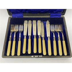 Set of six EPNS fish knives and forks with ivorine handles and hallmarked silver ferrules, boxed, together with a tapering glass decanter with hallmarked silver collar and pair of cut glass salts with hallmarked silver collars, decanter H32cm