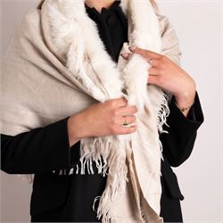 Gucci - GG pattern silk and wool blend shawl with fox fur trim and with fringe detail, 180...
