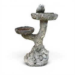 Pair of terracotta circular planters, bark design cast stone two branch bird bath, two small circular stone planters, and three composite circular planters (8)