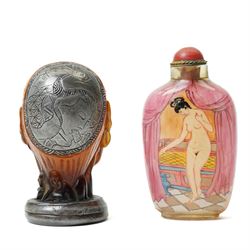 Chinese rock crystal figure of a deity with peaches, H12cm, a Japanese Shunga erotically carved seal, H7cm, an erotically painted Chinese scent bottle, H8cm, Japanese satsuma vase, H16cm and a Chinese famille vert teacup, H6.5cm(5)