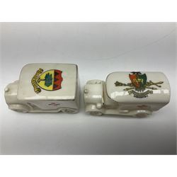 Ten WW1 crested china military models comprising seven field ambulances and three 'Home Fires Burning' fire-surrounds/range; various makers including Willow Art, Arcadian China, Grafton China, Savoy China, Carlton China etc; various crests including Devon, Aldershot, Portsmouth, West Ham, Coventry, Oxford, Hastings, Brighton etc (10)