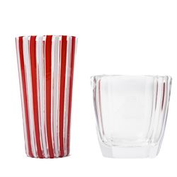 Orrefors glass vase of rectangular design etched with a sailing ship H19cm, Venetian beaker decorated with red and white enamelH15cm and two coloured glass vases